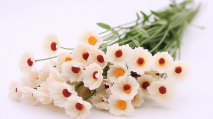 Beautiful bouquet of delicate white flowers with orange centers displayed
