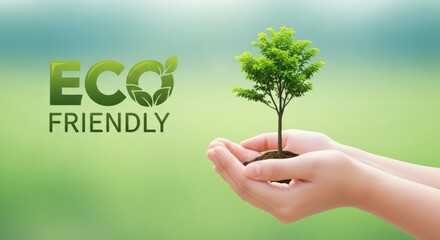 Eco Friendly Message with Tree Sprout Held in Hands | Sustainable Living Concept for Environmental Awareness Campaigns, Green Initiatives, and Eco-Friendly Product Marketing