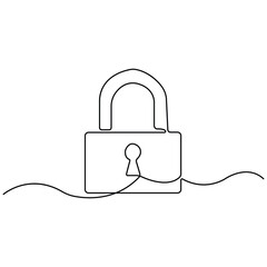 Minimalist One Line Drawing of Open Padlock, Abstract Security Symbol Representing Safety, Privacy, Access Control, Data Protection, and Cybersecurity Concept.