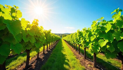 Fototapeta premium Sun-Drenched Grapevines Stretching to the Horizon A Lush Vineyard Landscape Perfect for Wine Country Tourism and Eco-Friendly Imagery