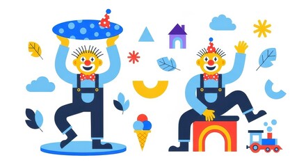 Naklejka premium Circus clowns and party celebration elements flat vector illustration set