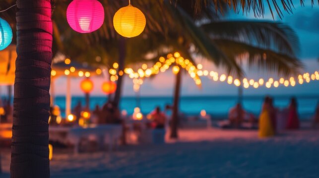 Colorful lanterns illuminate the beach during a festive evening gathering