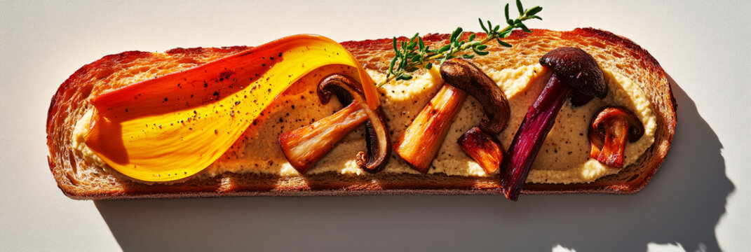 A long slice of artisan bread topped with a smooth chickpea spread, colorful roasted vegetables, and fresh herbs adds a touch of creativity to your culinary experience