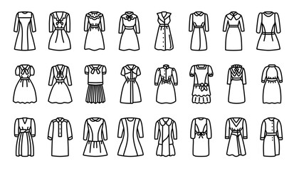A collection of line icons of dresses.