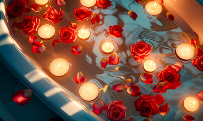 Bathtub filled with water, with several small candles lit and red rose petals floating with soft reflections and lighting.



