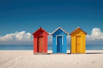 Three vibrant beach cabins on a sandy shore in Spain