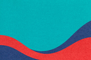 Textured turquoise paper background with red and blue wavy lines and waves, copy space for banner, presentation