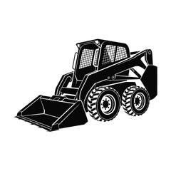 Black and white illustration of a compact skid steer loader with a front bucket