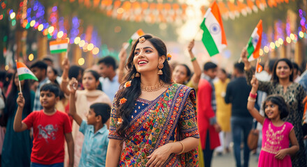 Naklejka premium Young Indian woman in traditional attire joyfully celebrates India's Independence Day amidst a happy crowd.