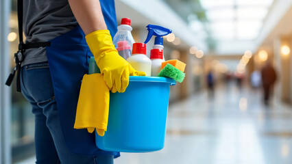 Young female housewife holding a bucket full of detergent
