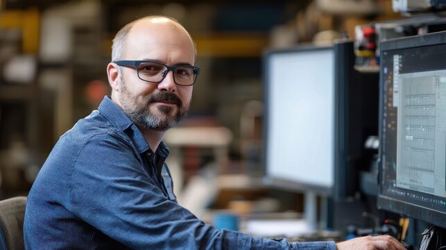 A man wearing glasses and a blue shirt, sitting at a computer in a workshop, with a white screen in front of him.