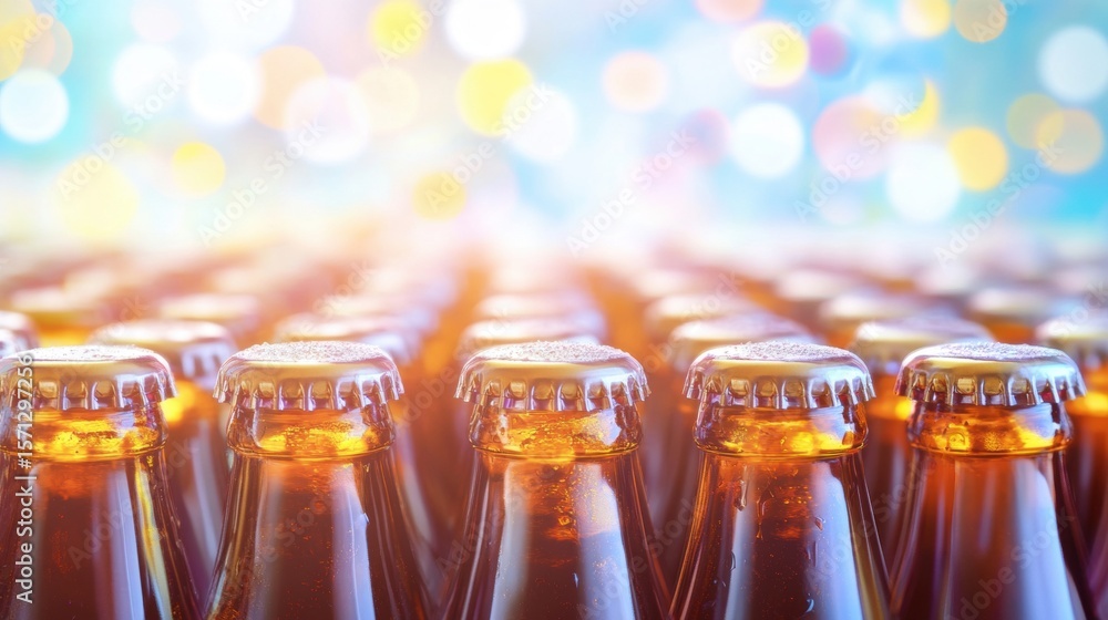 Poster bottles of beverage arranged in a vibrant setting with bokeh effect
