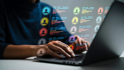 Person using a laptop with digital profile data and user icons
