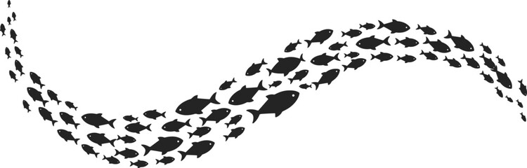 Silhouette of fish school swimming in wave shape, marine life concept, underwater motion, black fish illustration, isolated on white background