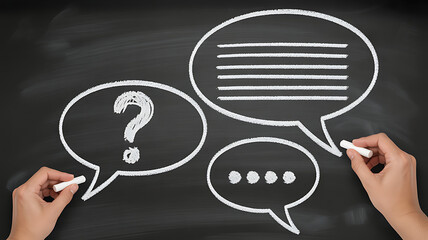 Chalk drawing of speech bubbles with a question and text on a blackboard