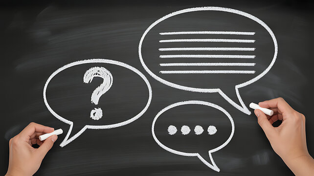 Chalk drawing of speech bubbles with a question and text on a blackboard