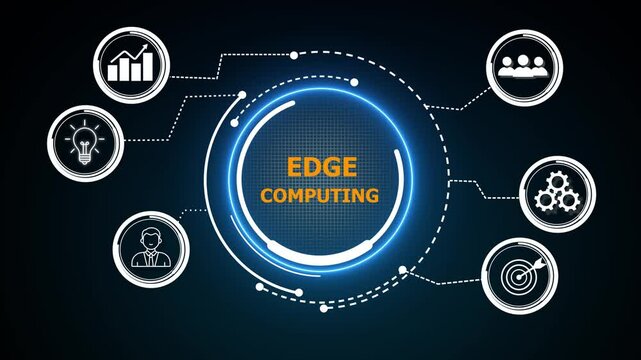 Edge computing modern IT technology on virtual screen. Edge computing is a distributed computing model that processes data near the source of generation (at the "edge" of the network).