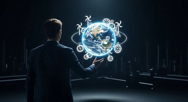 A businessman interacts with a holographic Earth, showcasing sustainable energy icons.