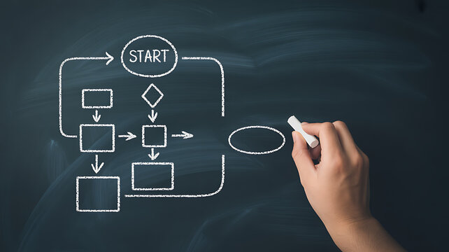 Hand drawing a flowchart on a dark chalkboard with chalk