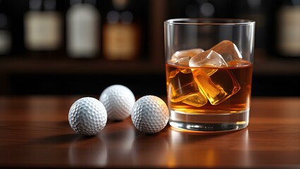 a glass of whiskey with ice cubes on a wooden table