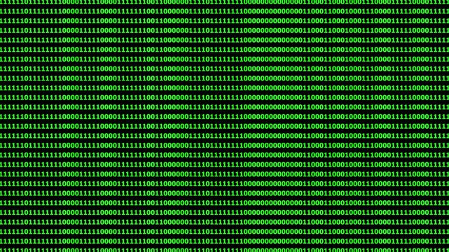 A digital background filled with green binary code (1s and 0s) arranged in rows on a black screen, resembling a classic hacker or programming interface. The visual creates a Matrix-style aesthetic,