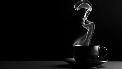 a black coffee cup on a saucer with visible steam rising from the hot liquid inside