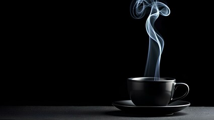 a black coffee cup on a saucer with visible steam rising from the hot liquid inside
