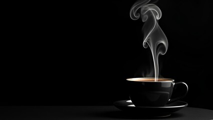 a black coffee cup on a saucer with visible steam rising from the hot liquid inside