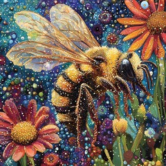 Nature’s Harmony: A Close-Up of a Bee Gathering Nectar from a Vivid Bloom, bee on flower