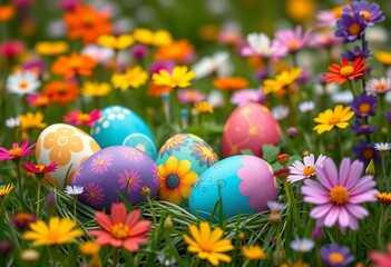 Vibrant painted Easter eggs nestled in a lush spring meadow of wildflowers,  springtime meadow,  easter background image