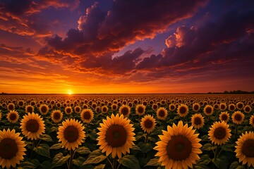 夕焼けのひまわり畑｜Sunflower Field at Sunset