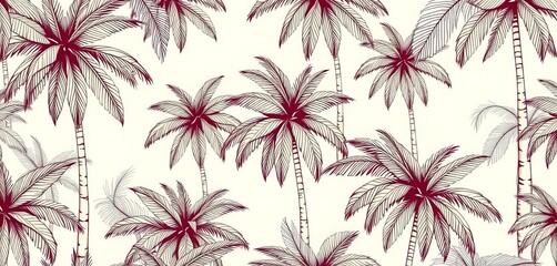 Fototapeta premium Vintage linear tropical palm tree seamless pattern Vector botanical illustration for wallpaper, textile, wrapping paper, white, summer