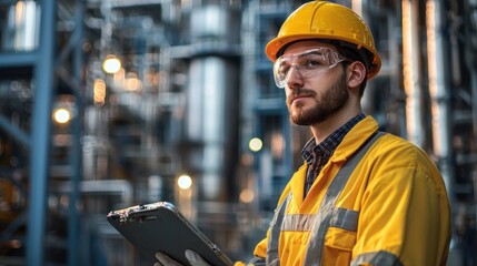 A man in a yellow hard hat and safety glasses stands in front of a large industrial plant, holding a clipboard.