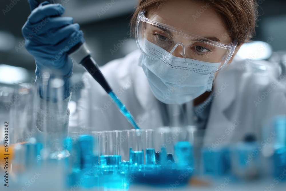 Poster female scientist in protective gear conducting laboratory experiment with pipette and test tubes fil