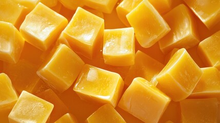A close-up of a pile of yellow and orange cubes, possibly honeycomb or caramel, with a blurred background.