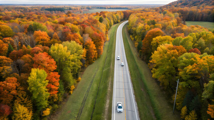 Scenic autumn road in a forest, with cars traveling along the vibrant, leaf-strewn path
