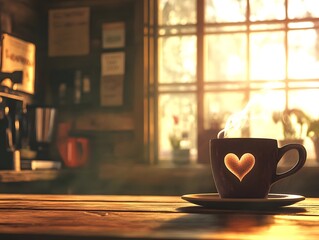 The Perfect Brew: Steam Rising from a Cup of Coffee in a Wooden, Vintage Café, cup of coffee on the table