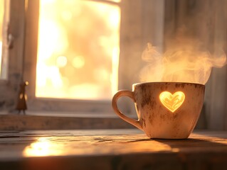 Rustic Aromas: Close-Up of Freshly Brewed Coffee in a Cozy Café Atmosphere, cup of coffee on wooden table