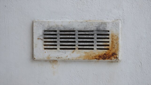 Close up of a weathered white air vent with rust and grime on a textured concrete wall