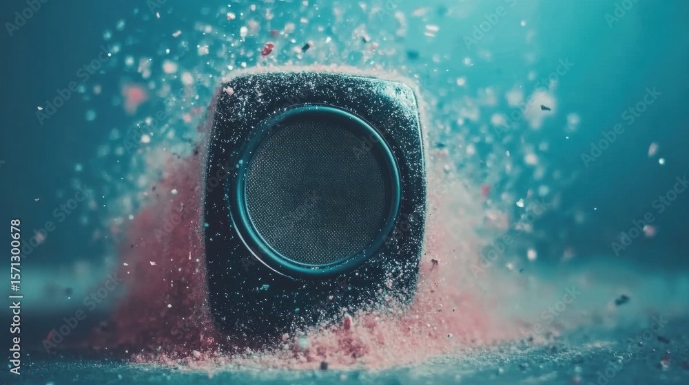 Poster speaker surrounded by colorful dust creates dynamic visual effect