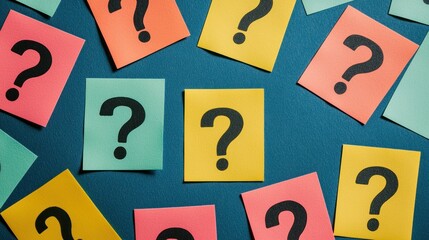 Question marks scattered on a blue background. The concept of uncertainty and confusion. The image evokes a sense of curiosity and reflection.