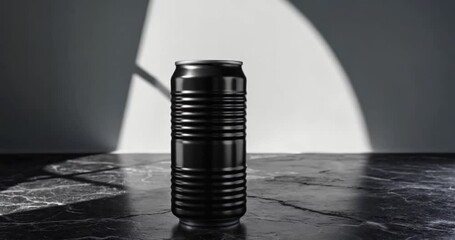 A matte black soda can stands on a dark stone surface, bathed in soft sunlight - Powered by Adobe