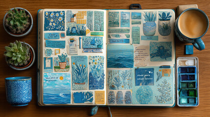 Journal page filled with calming affirmations and blue themed illustrations, surrounded by plants and cup of coffee
