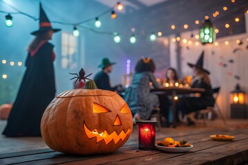 Spooky halloween party with jack o lanterns witches and festive string lights creating a magical atmosphere