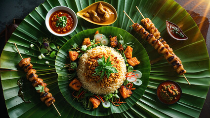 Top view of delicious Indonesian street food on banana leaf, nasi goreng, satay, sambal, beautifully arranged, cinematic lighting, food photography style