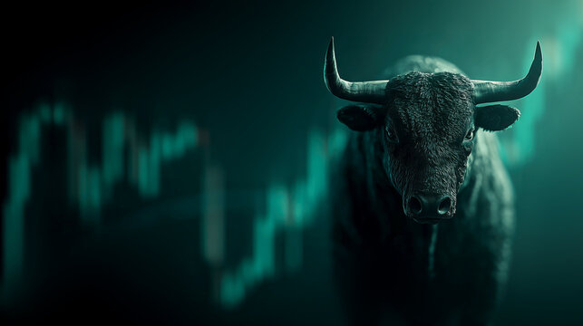 Powerful bull stands against backdrop of rising stock market charts, symbolizing financial growth and optimism