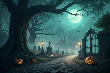 Eerie halloween cemetery scene with jack o lanterns and full moon under a spooky tree