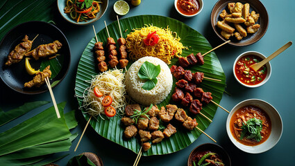Top view of delicious Indonesian street food on banana leaf, nasi goreng, satay, sambal, beautifully arranged, cinematic lighting, food photography style