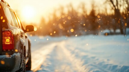 Winter sunset illuminates a snowy road with vehicle parked at the edge
