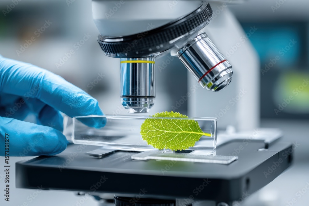 Poster close-up of a laboratory microscope with a glass slide containing a green leaf sample for scientific